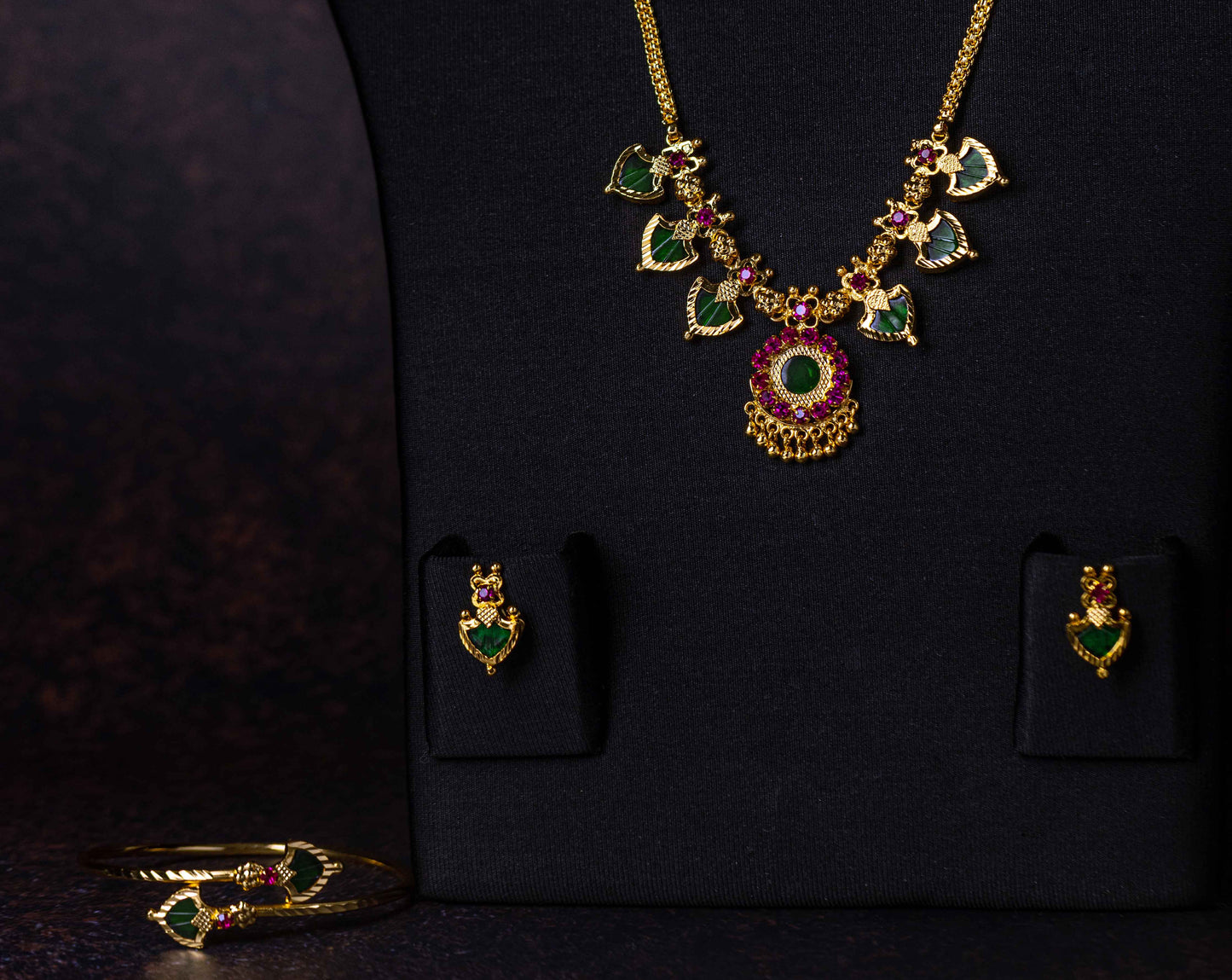 Gold-Plated Green Palakka Necklace, Adjustable Bangle & Earring Combo Set