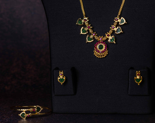 Gold-Plated Green Palakka Necklace, Adjustable Bangle & Earring Combo Set